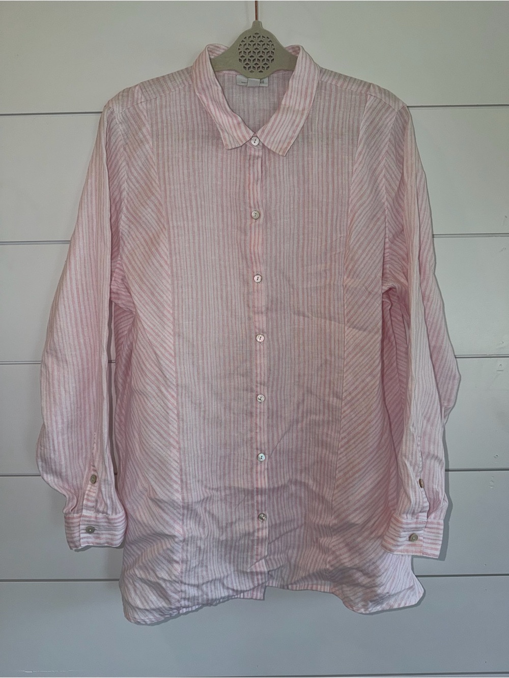 J JILL Love Linen Pink White Stripe Button Up Shirt L Large Coastal Grandma EUC